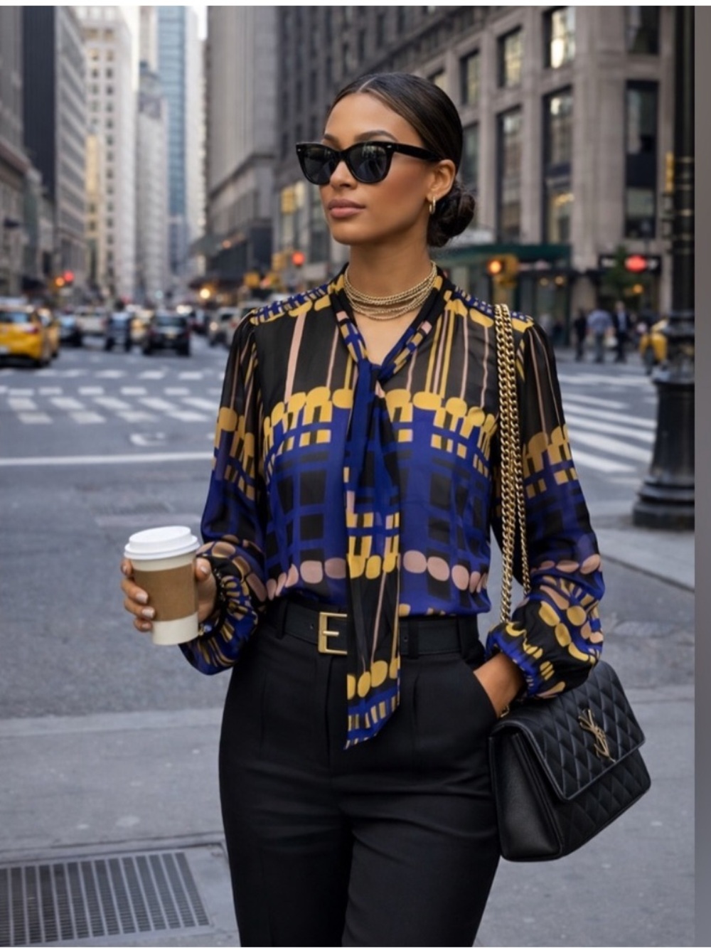 Yoana Baraschi Women's Tie Neck Long Sleeve Sheer Blouse Blue Black Yellow L NEW